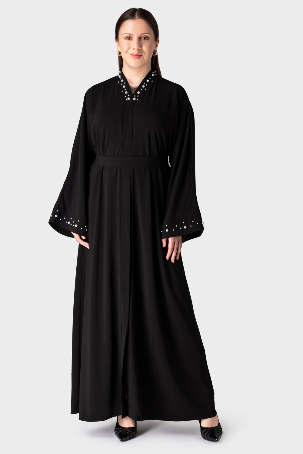 Black Pearl Neck Sleeve Belt Abaya