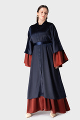 Navy Orange Layered Belt Abaya