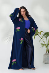 Navy Blue Floral Pink Open Abaya