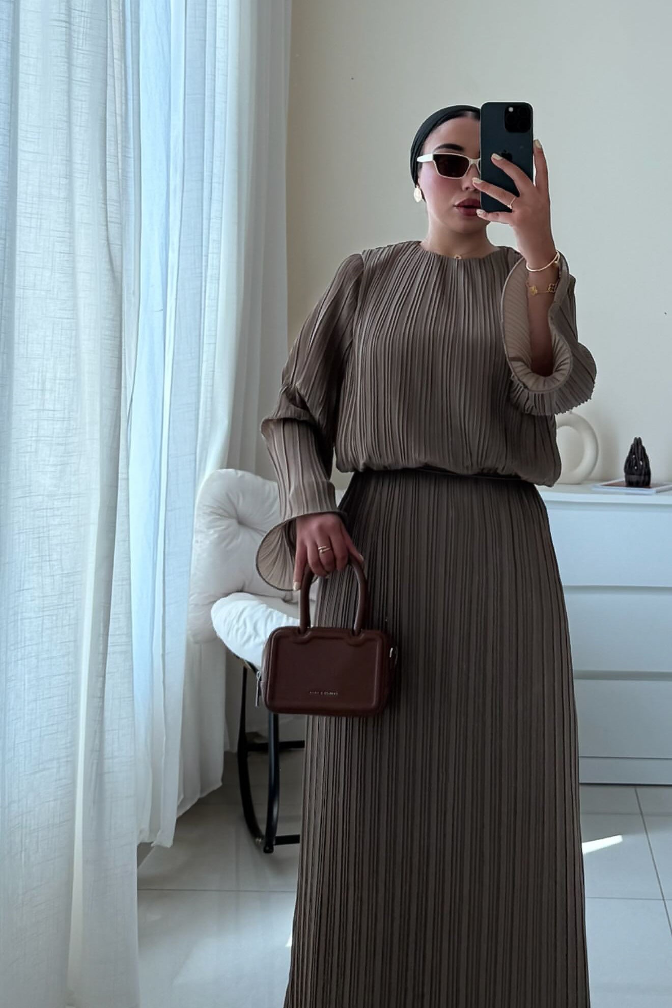 Bronze Pleated Abaya Dress with Curvy Hem