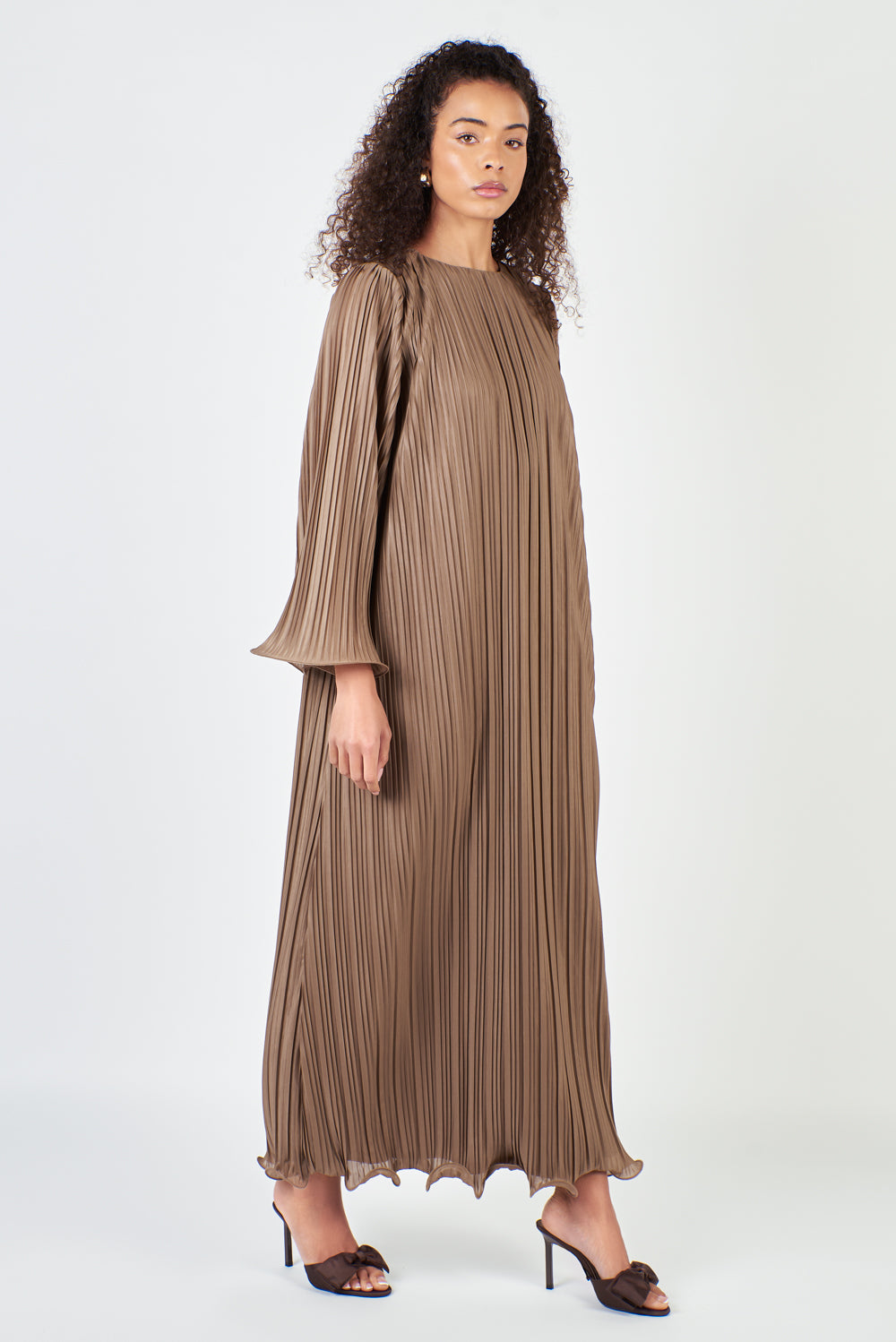 Bronze Pleated Abaya Dress with Ruffle Hem