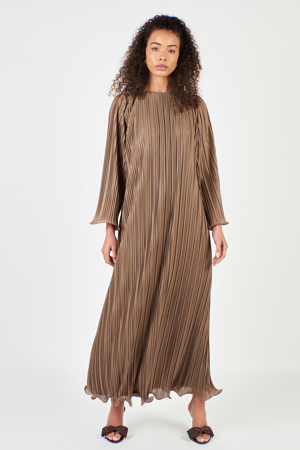 Bronze Pleated Abaya Dress with Ruffle Hemline