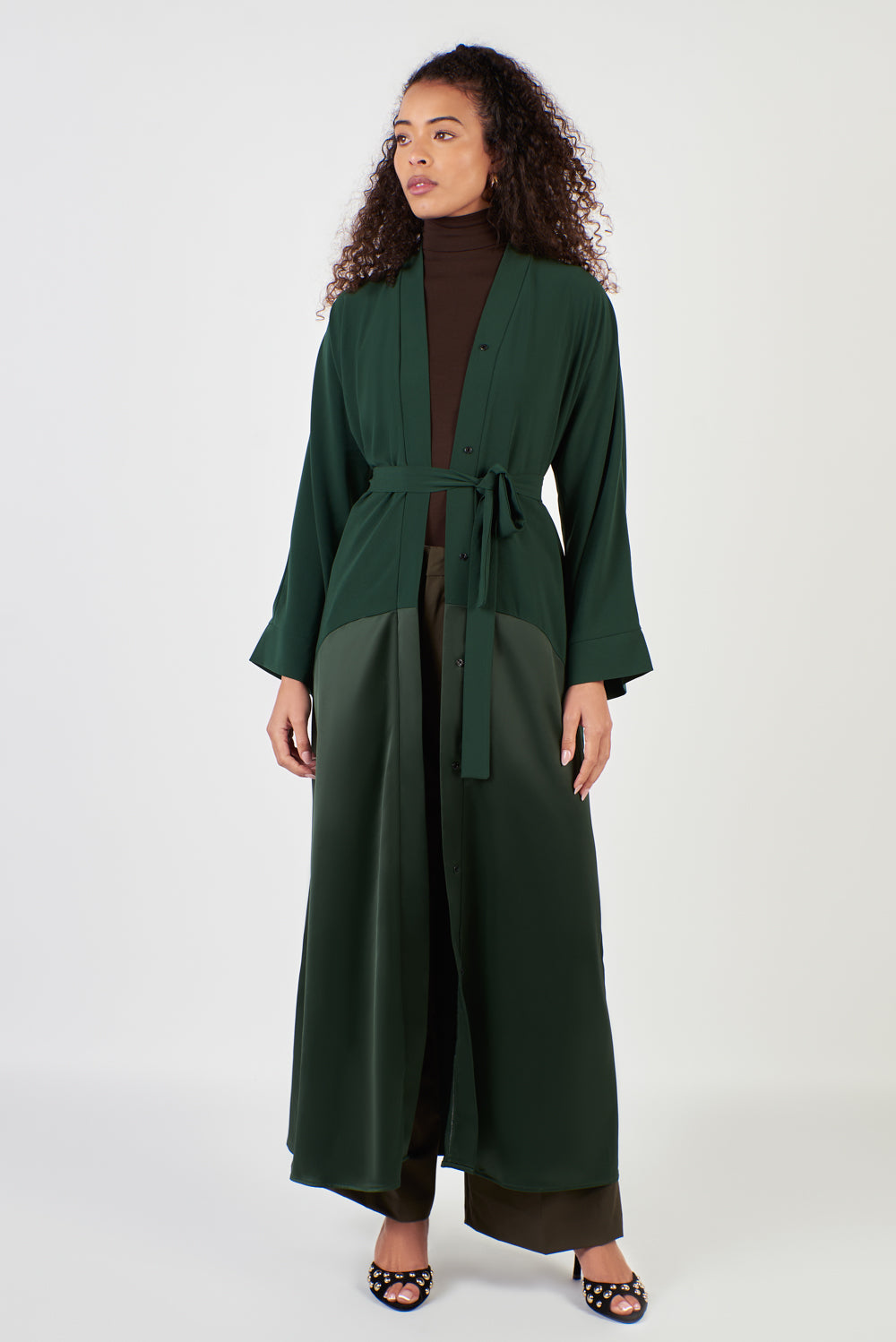 Emerald Green Plain Open Belt Abaya Crepe Satin