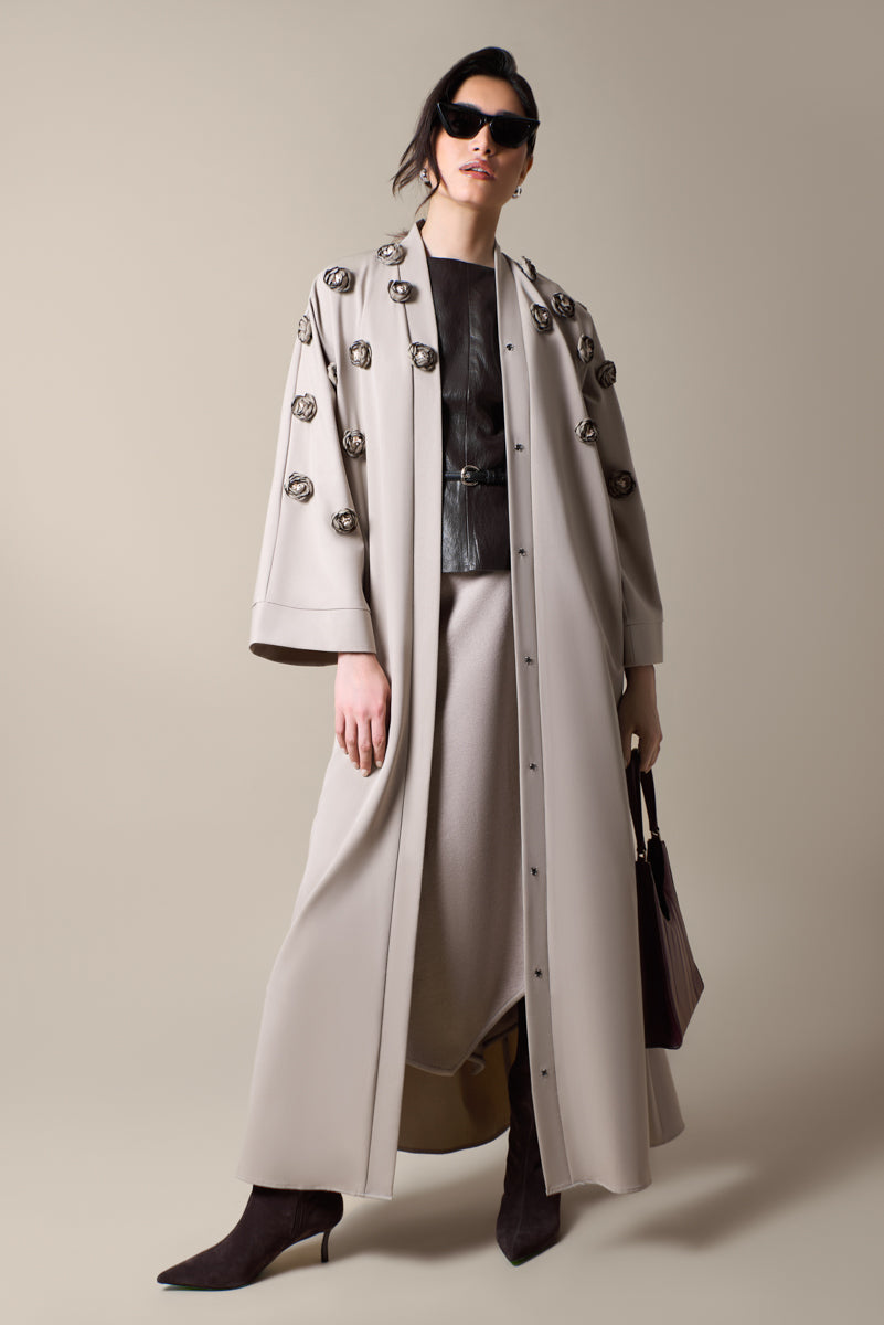 Taupe abaya with 3D flowers around chest, front view open front