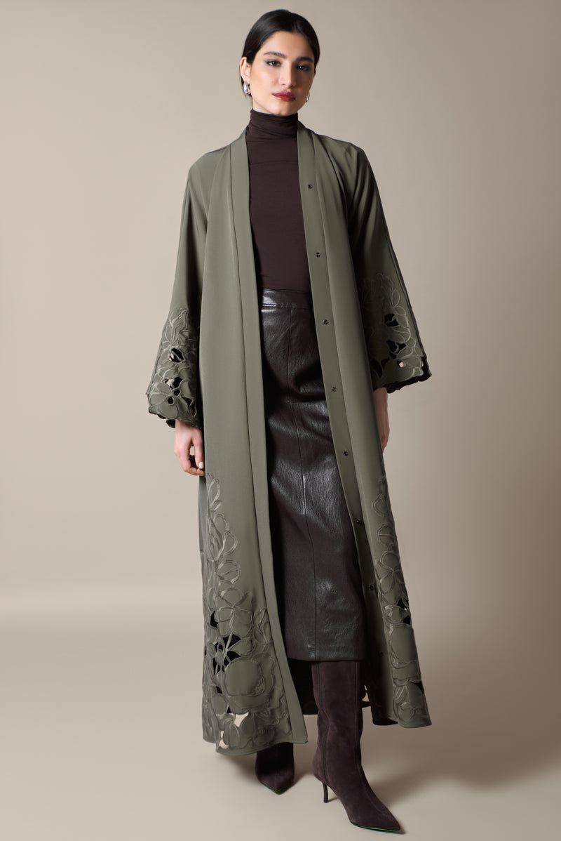 Olive green Tencel abaya with tonal embroidered flowers, cutout flowers open unbuttoned front view