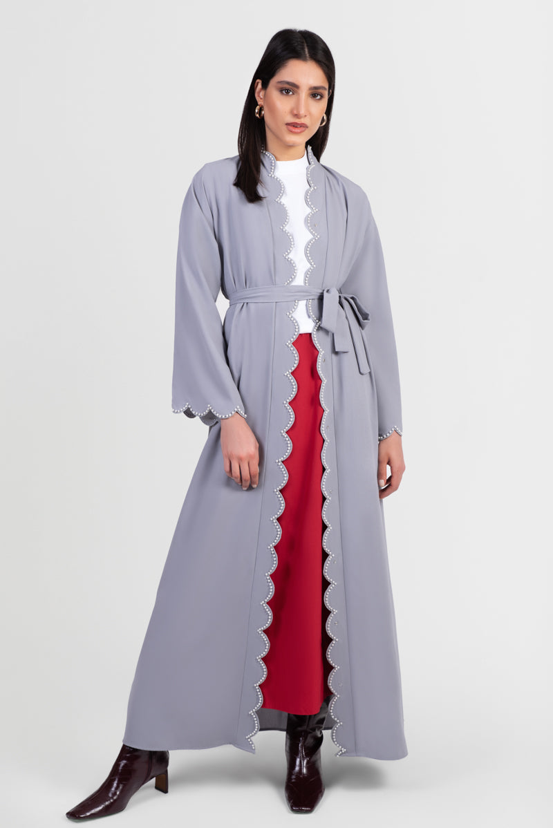 Grey abaya with pearl scallop embroidery along edges placket and cuffs, with matching belt