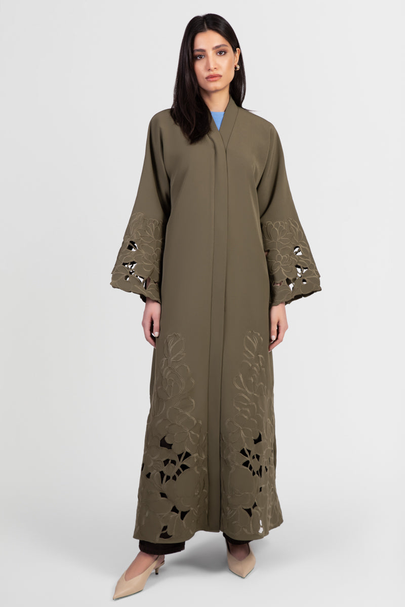 Olive green Tencel abaya with tonal embroidered flowers, cutout flowers front view