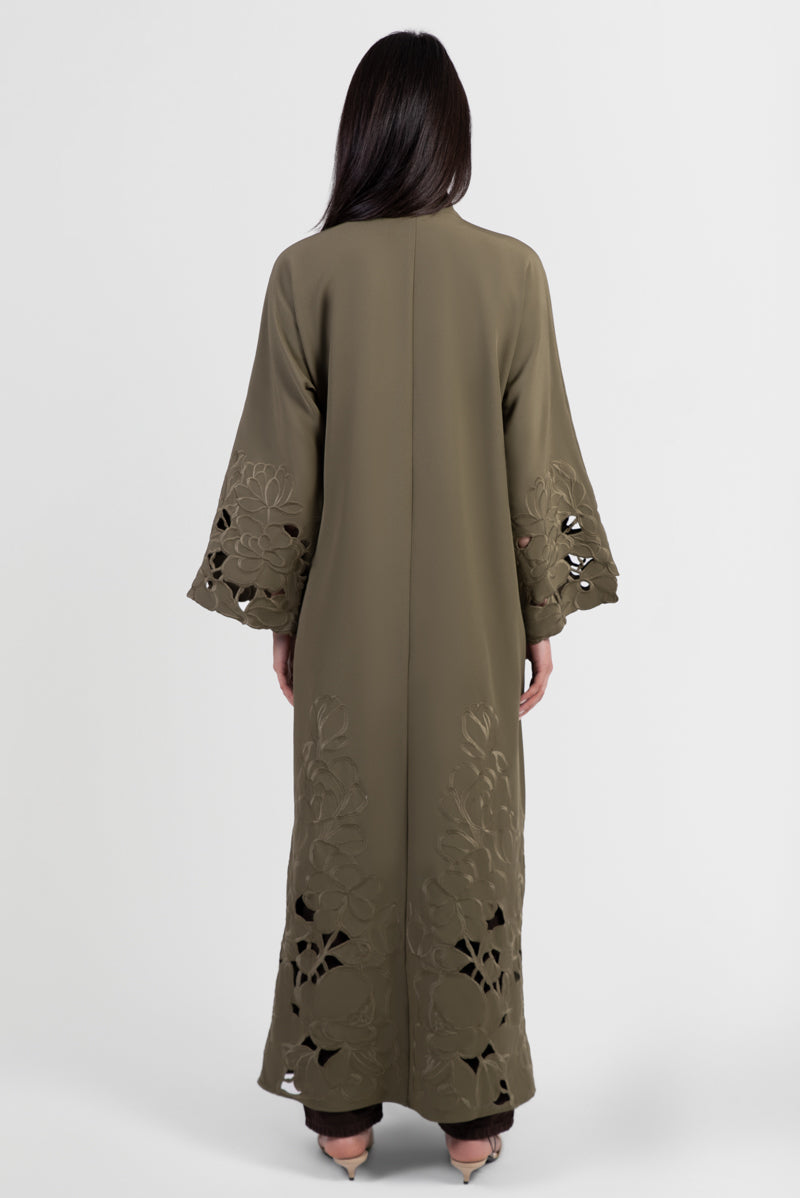 Olive green Tencel abaya with tonal embroidered flowers, cutout flowers back view