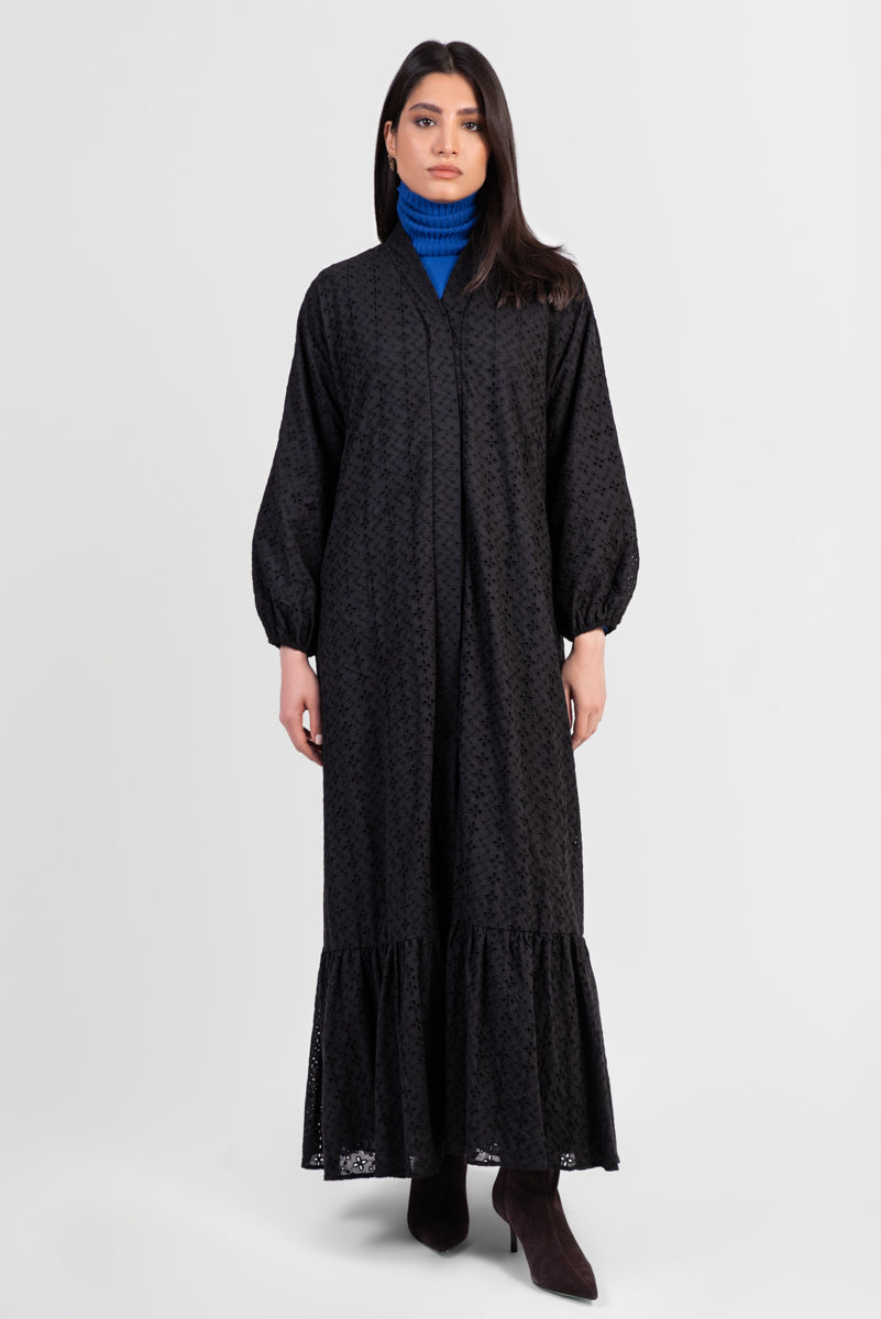 Black cotton abaya with broderie anglaise lace details and matching belt front view