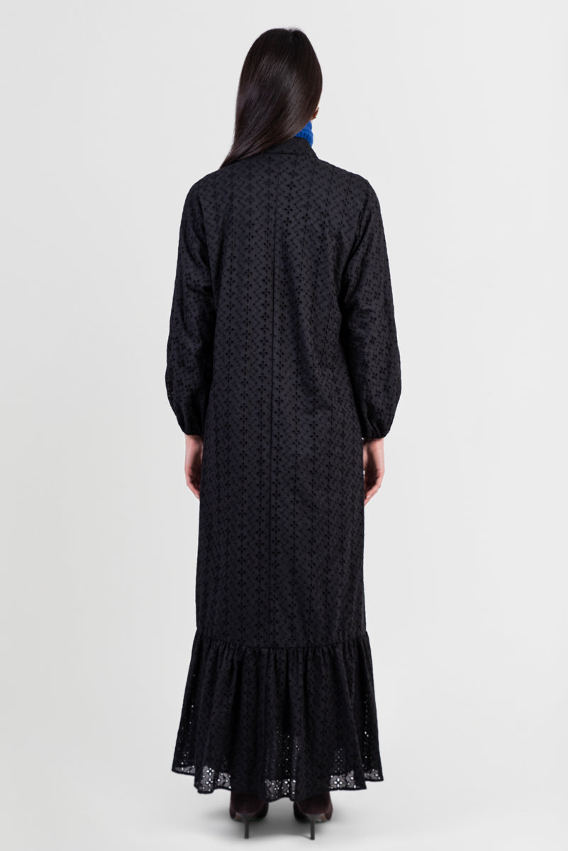 Black cotton abaya with broderie anglaise lace details and matching belt back view