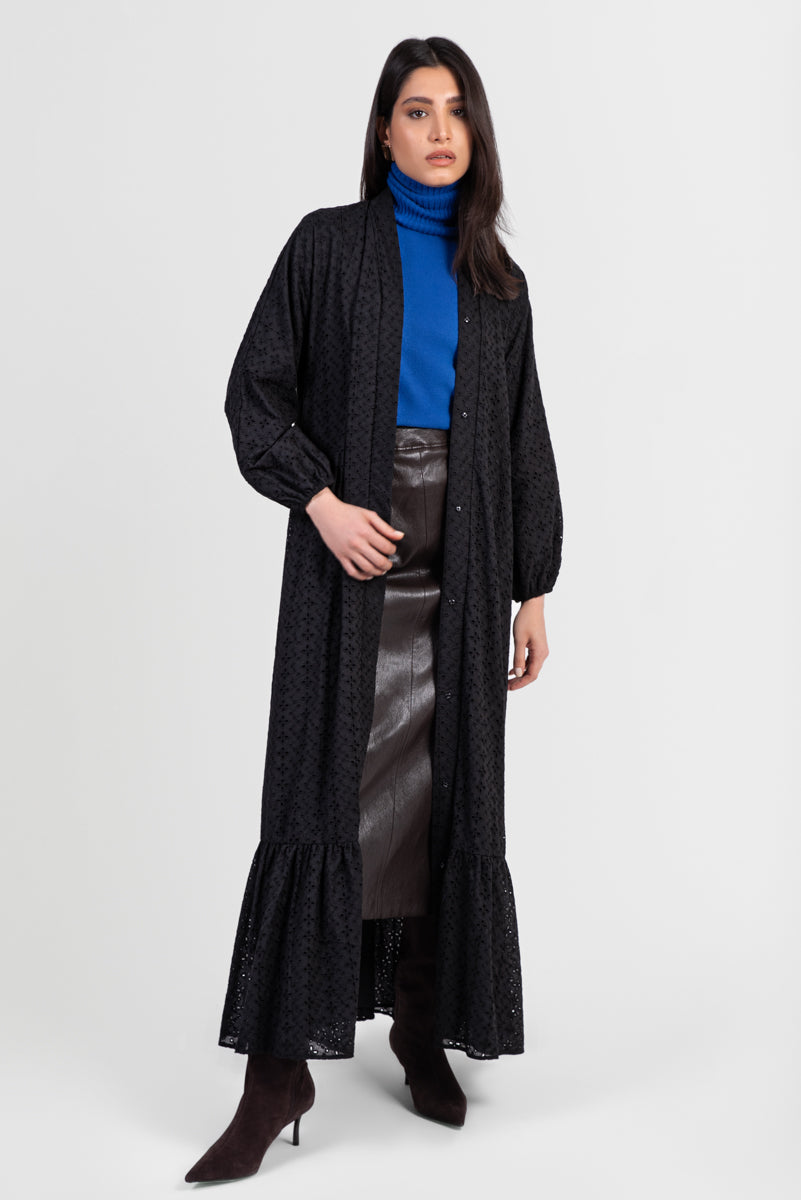 Black cotton abaya with broderie anglaise lace details and matching belt front view open front