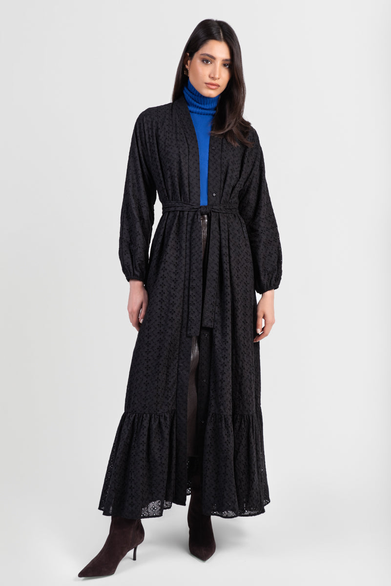 Black cotton abaya with broderie anglaise lace details and matching belt front view with belt