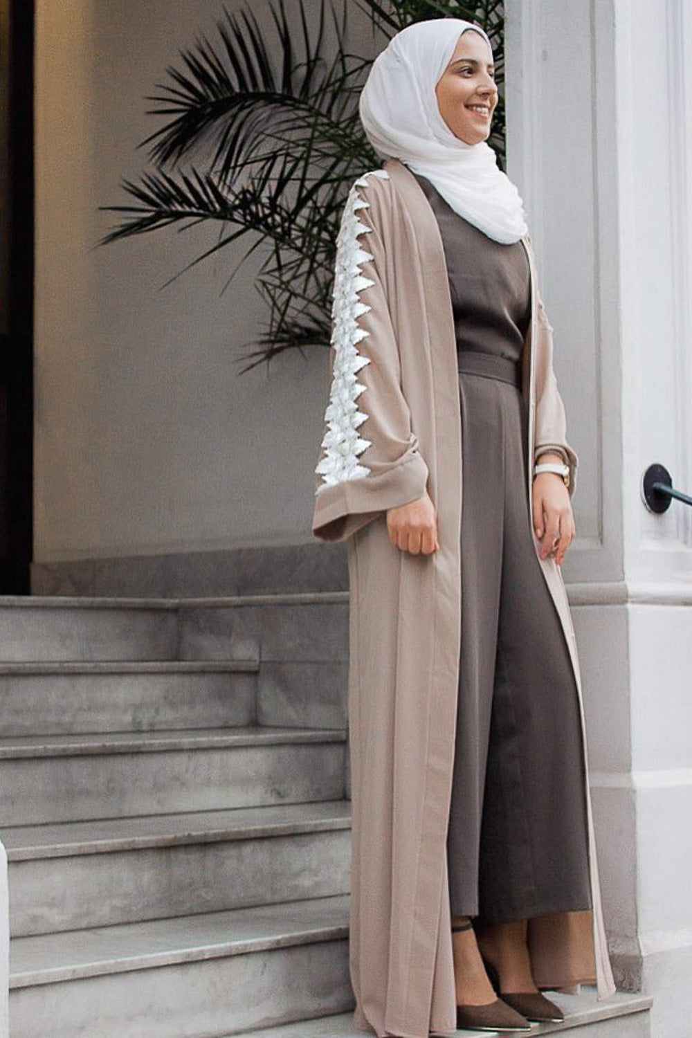 Feradje Beige Open Front Abaya with White Lace on Shoulders in Silk