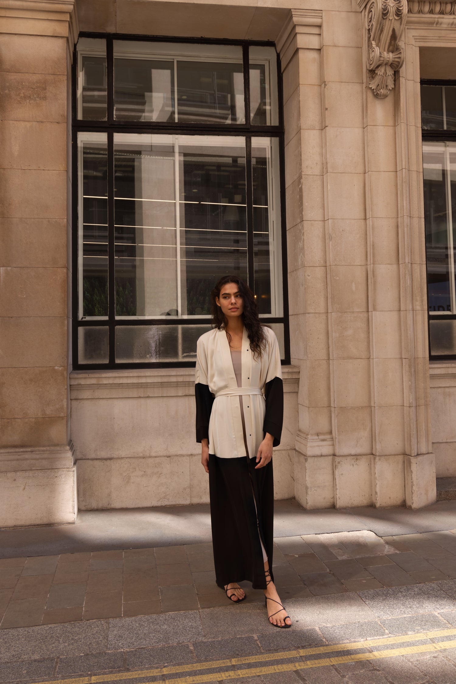 Beige Black Plain Abaya with Belt
