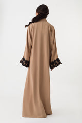 Beige Black Lace Cuffs Open Abaya