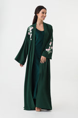 Emerald Green Open Abaya with Pink Floral