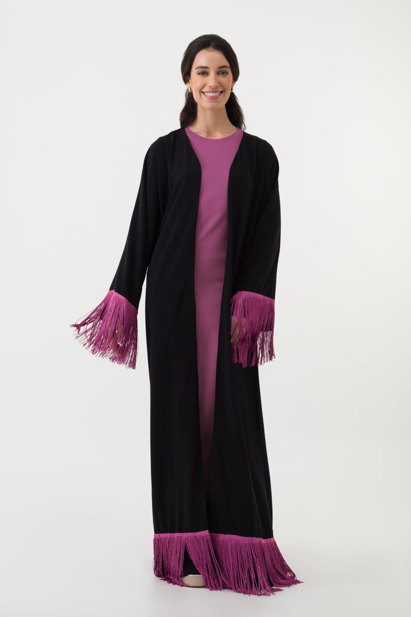 Black Pink Tassel Open Abaya
