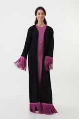 Black Pink Tassel Open Abaya