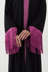 Black Pink Tassel Open Abaya