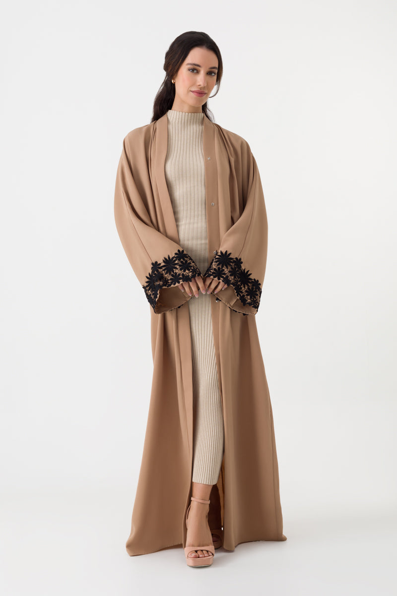 Beige Black Lace Cuffs Open Abaya