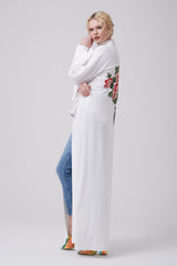 Feradje White Open Front Abaya with Back Flowers in Crepe
