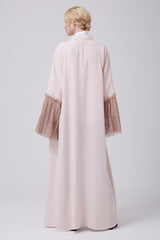 Feradje Open Pink Abaya with Shimmery Sleeves in Crepe