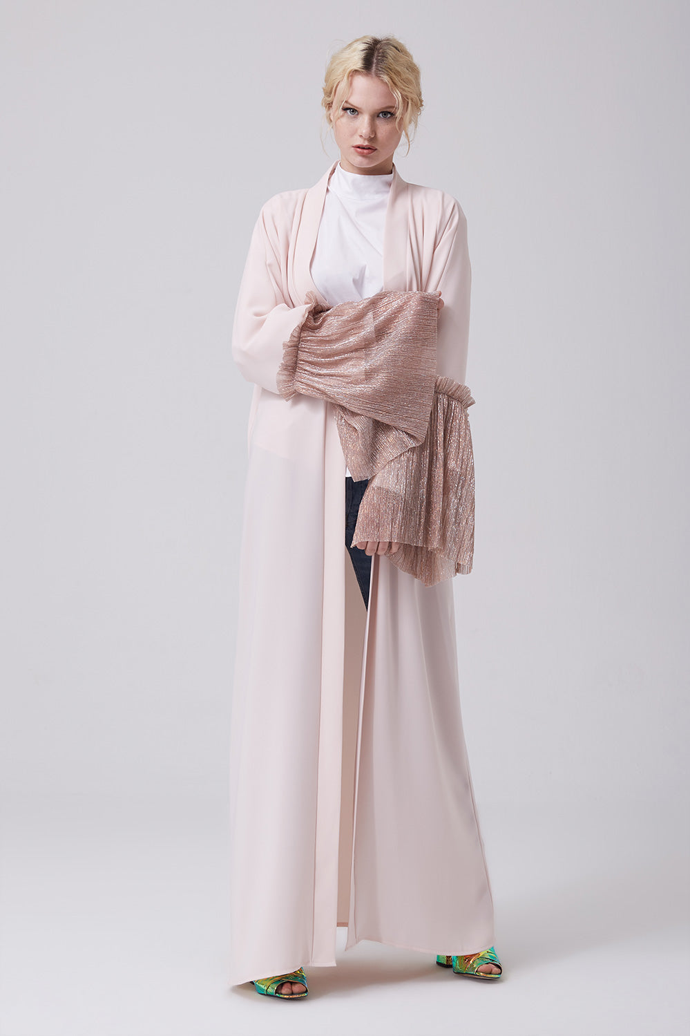 Feradje Open Pink Abaya with Shimmery Sleeves in Crepe