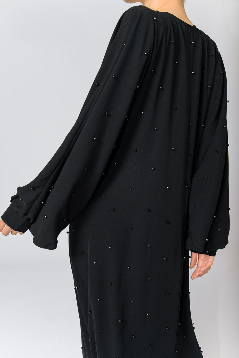 Feradje Black Closed Abaya with Pearls in Silk
