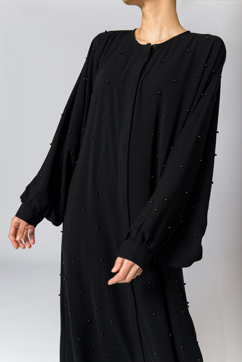 Feradje Black Closed Abaya with Pearls in Silk