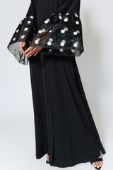 Feradje Black Closed Abaya with Net Mesh Polka Dot Sleeves in Nida