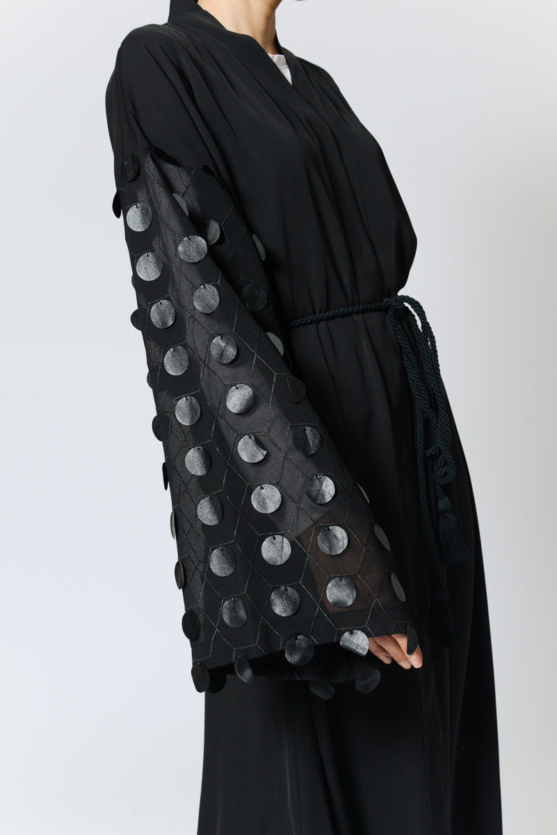 Feradje Black Abaya Leather Circles See Through Sleeves