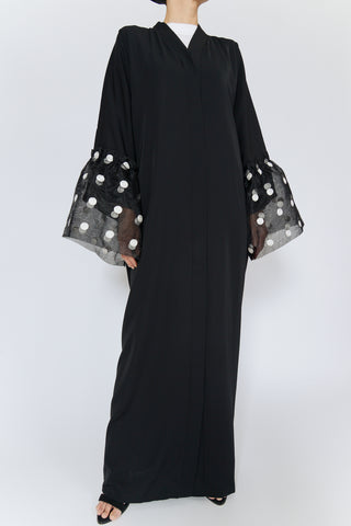 Feradje Black Closed Black Abaya Polka Dot Tulle Sleeves