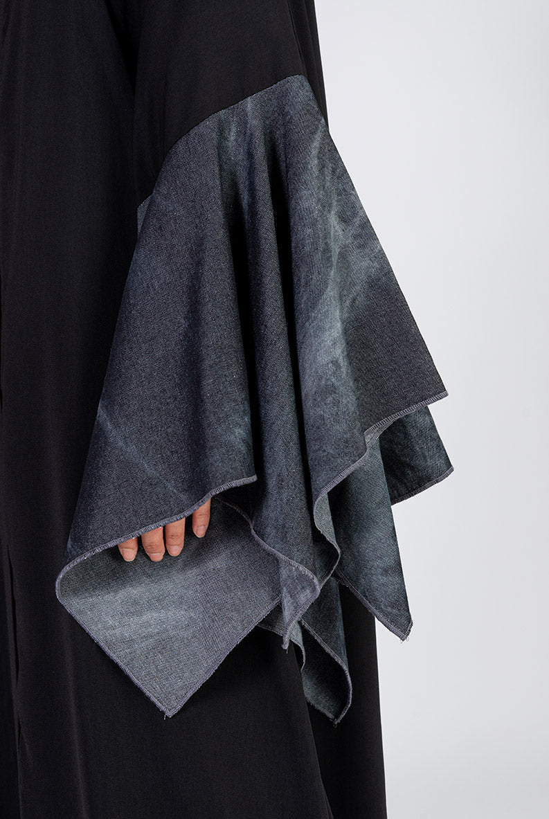 Black Open Abaya with Denim Bell Sleeves and Belt