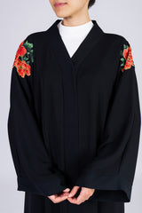 Feradje Black Open Abaya with Red Flowers on Shoulders