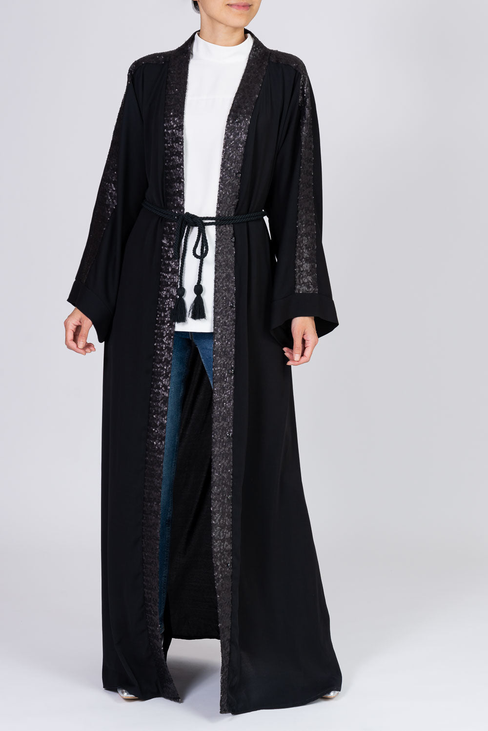 Feradje Open Black Sequins Abaya with Belt