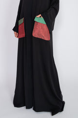 Black Open Abaya with Colourful Pockets