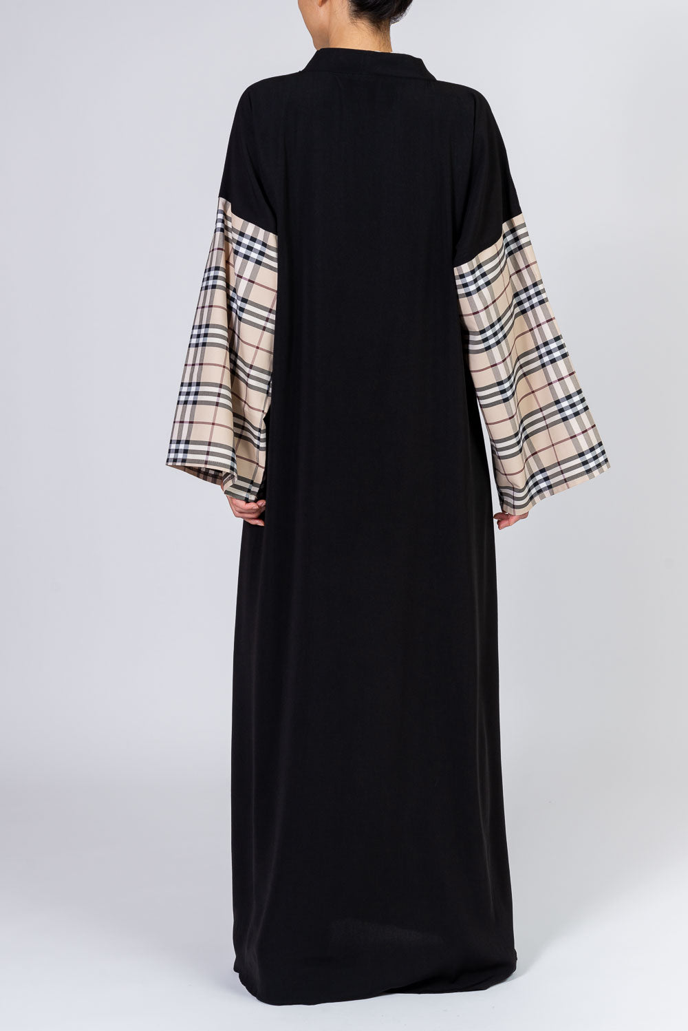 Feradje Black Abaya with Beige Checkered Sleeves in Silk