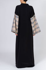 Feradje Black Abaya with Beige Checkered Sleeves in Silk