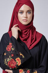 Feradje Black Closed Abaya with Red Flowers and Lace on Sleeves & Bottom Hemline in Silk