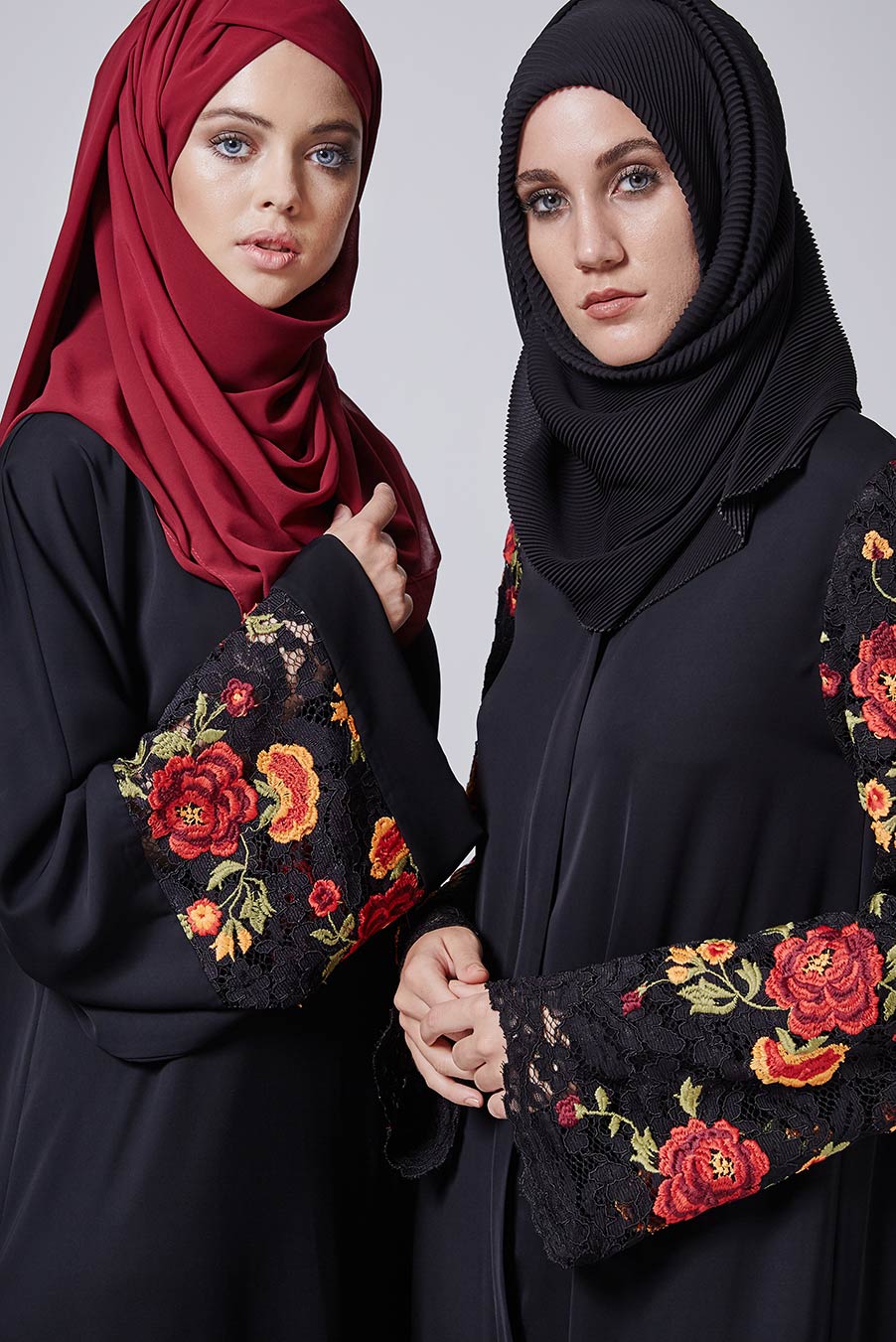 Feradje Black Closed Abaya with Red Flowers and Lace on Sleeves & Bottom Hemline in Silk