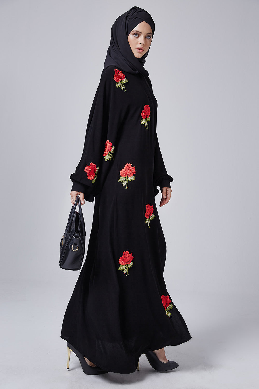 Feradje Black Closed Abaya with Red Roses in Crepe