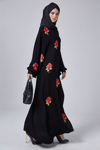 Feradje Black Closed Abaya with Red Roses in Crepe