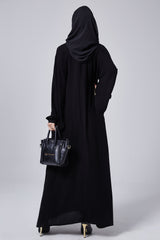 Feradje Black Closed Abaya with Red Roses in Crepe
