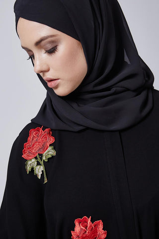 Feradje Black Closed Abaya with Red Roses in Crepe