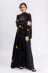 Black Open Abaya Gold Flowers FERADJE