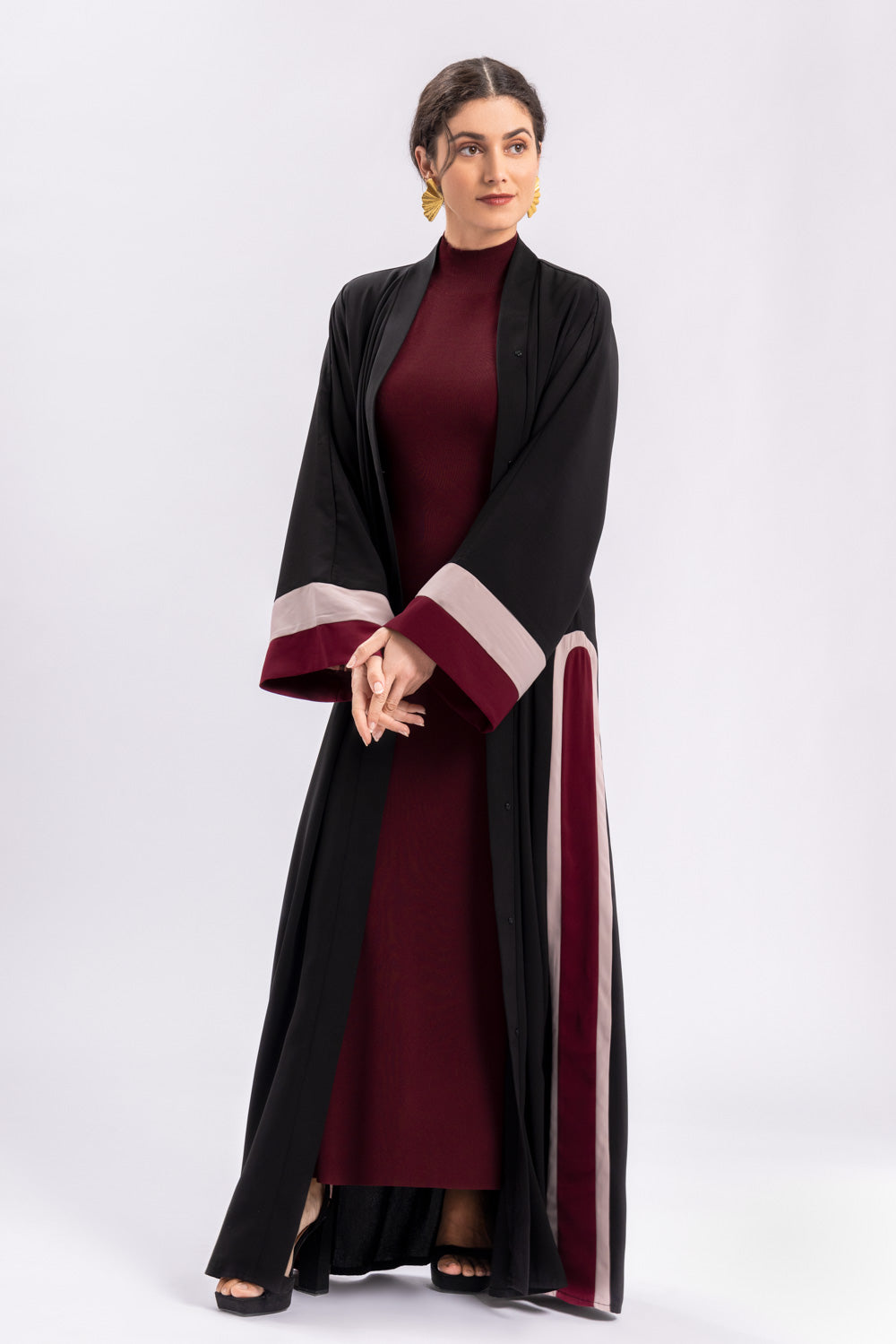 Black Open Abaya Red Pink Stripe FERADJE
