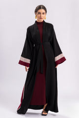 Black Open Abaya Red Pink Stripe Belt FERADJE