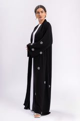 Black Open Abaya White Flowers FERADJE