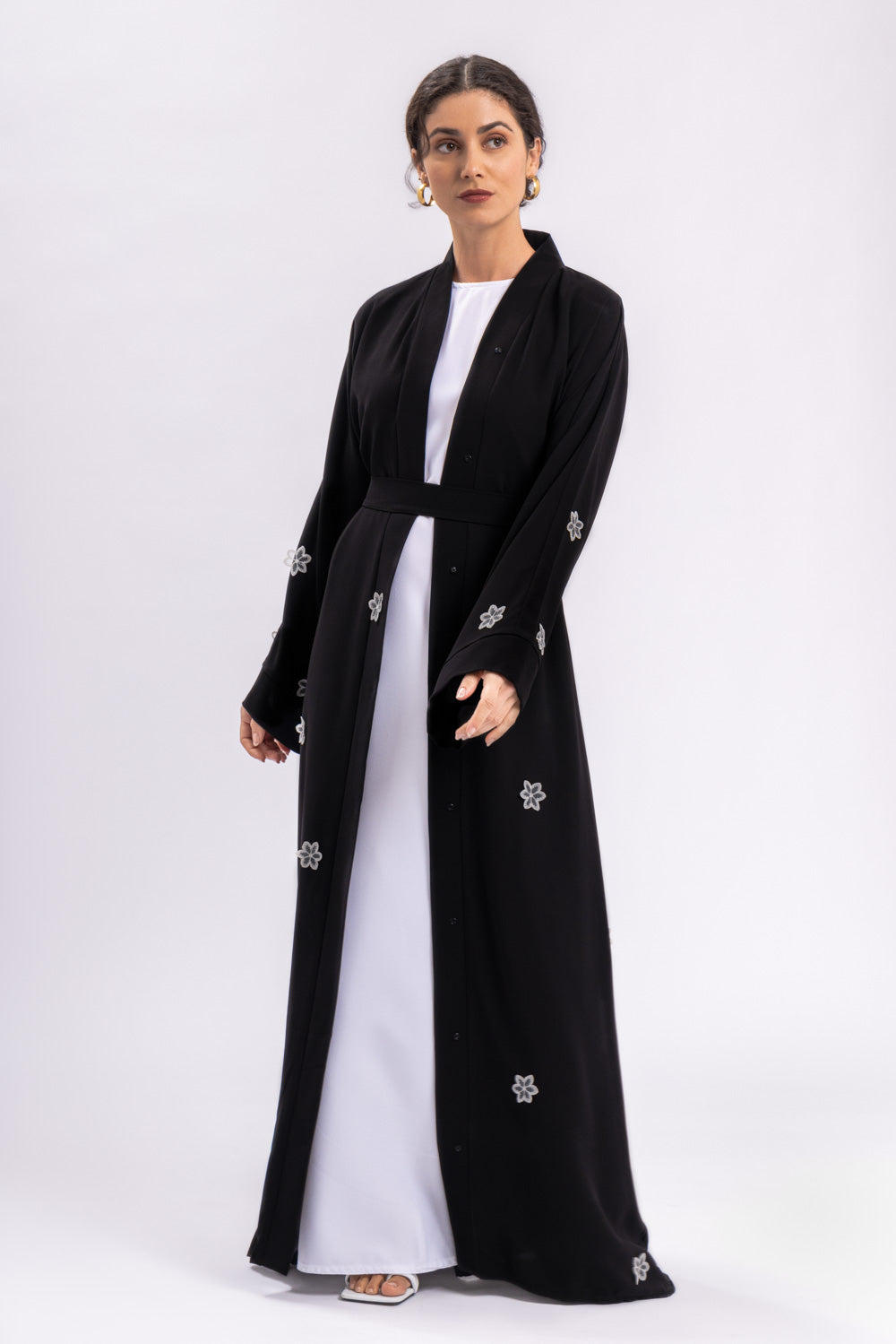 Black Open Abaya White Flowers FERADJE