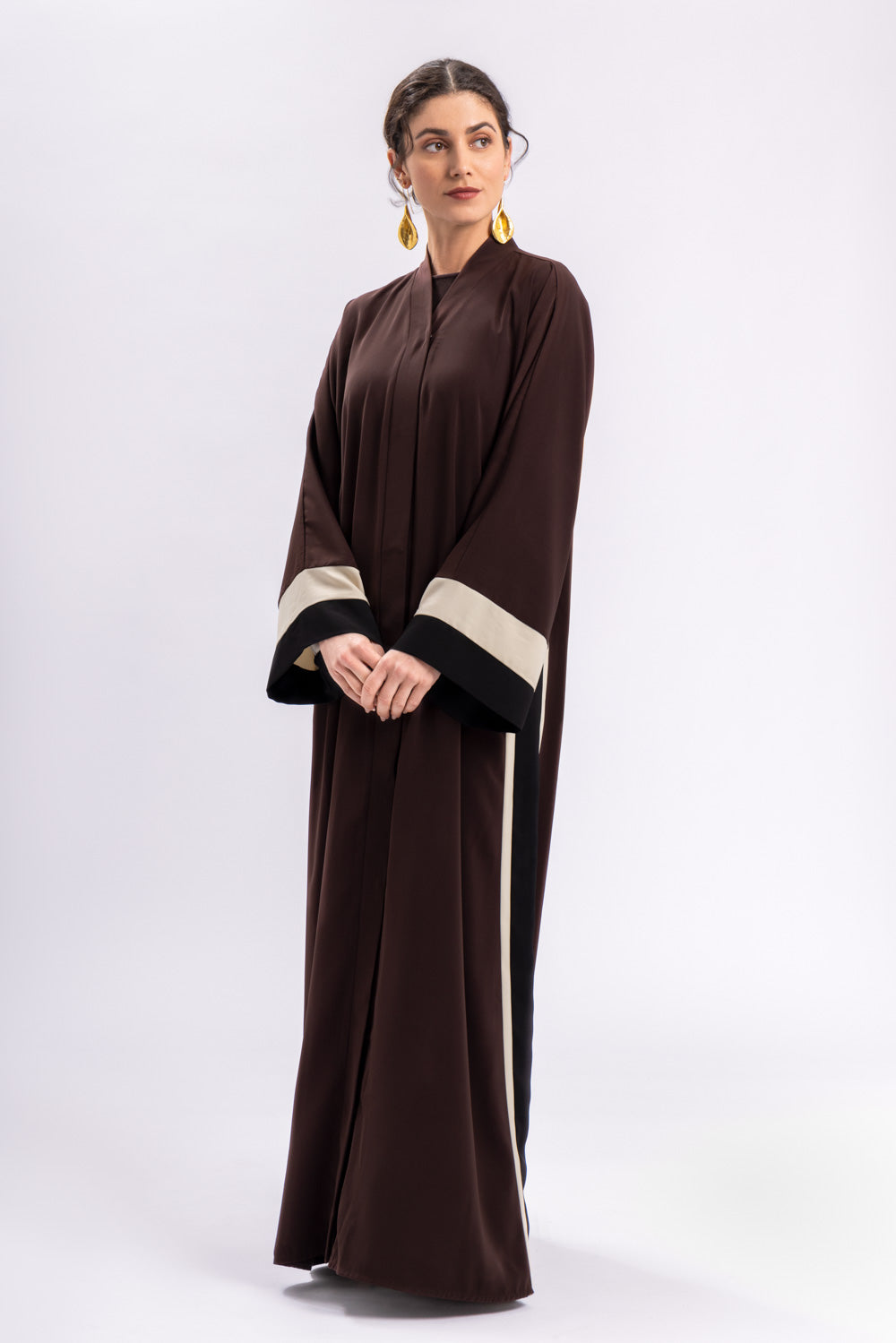 Brown Beige Black Stripe Abaya FERADJE